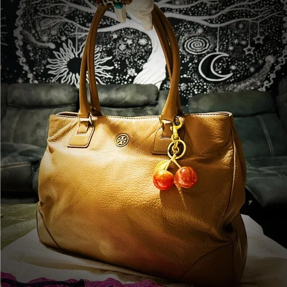 Tory Burch Tan Leather Tote with orange gold cherry keychain Charm - Picture 14 of 17